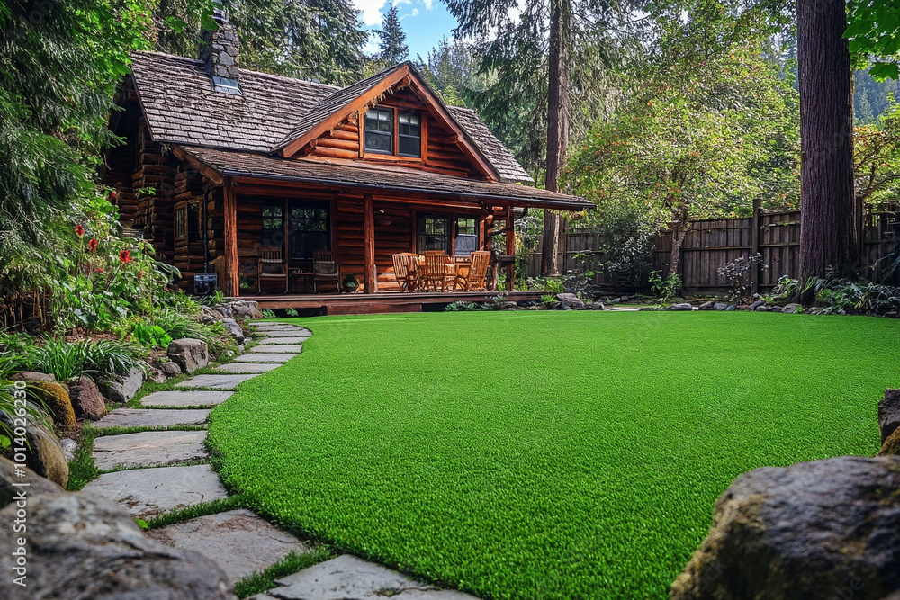 Traditional cabin home front yard features artificial grass lawn. Synthetic turf. Traditional cabin home front yard features artificial grass lawn. Synthetic turf.