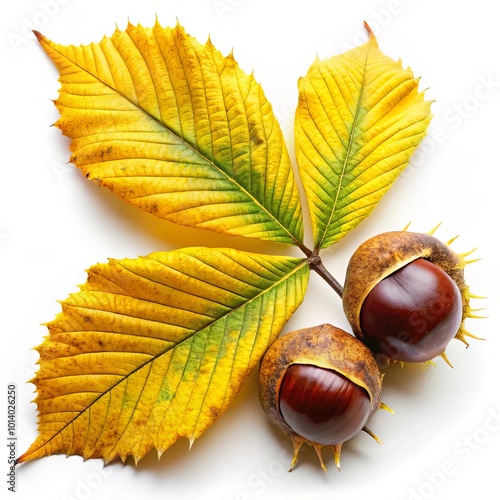 Naturalistic yellowed chestnut leaf and its two fruits in prickly skin. Macrophotograph of vegetation elements on white background photo