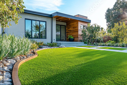Modern contemporary home front yard features artificial grass lawn. Synthetic turf. 