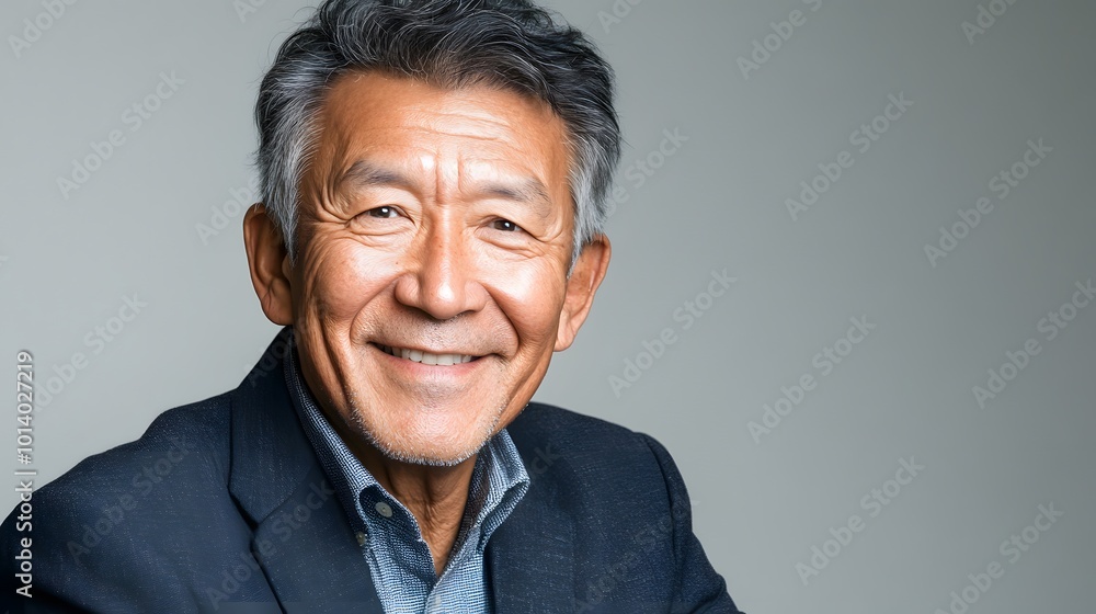 Fototapeta premium A warm portrait of a smiling, handsome senior male, showcasing his friendly demeanor and approachable personality