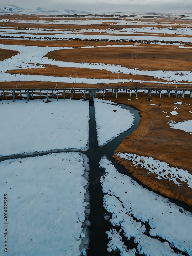 Aerial view of frozen marshland with a solitary bridge in Iceland. Aerial view of frozen marshland with a solitary bridge in Iceland.
