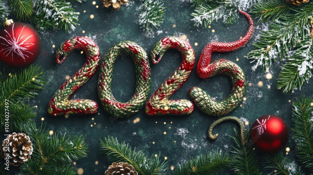 The numbers 2025 surrounded by branches of a New Year tree and red balls on a green background. Top view. Chinese New Year illustration. For banner, poster, greeting card, invitation, social media The numbers 2025 surrounded by branches of a New Year tree and red balls on a green background. Top view. Chinese New Year illustration. For banner, poster, greeting card, invitation, social media