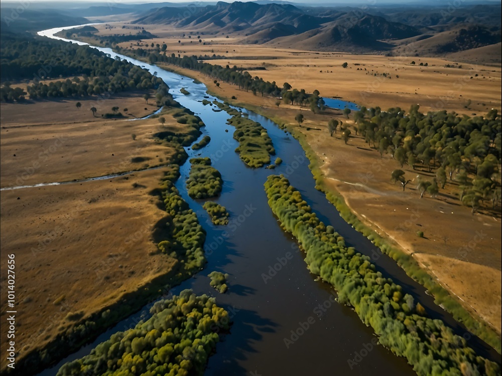 Aerial view of serpentine rivers flowing through highland plains. Aerial view of serpentine rivers flowing through highland plains.