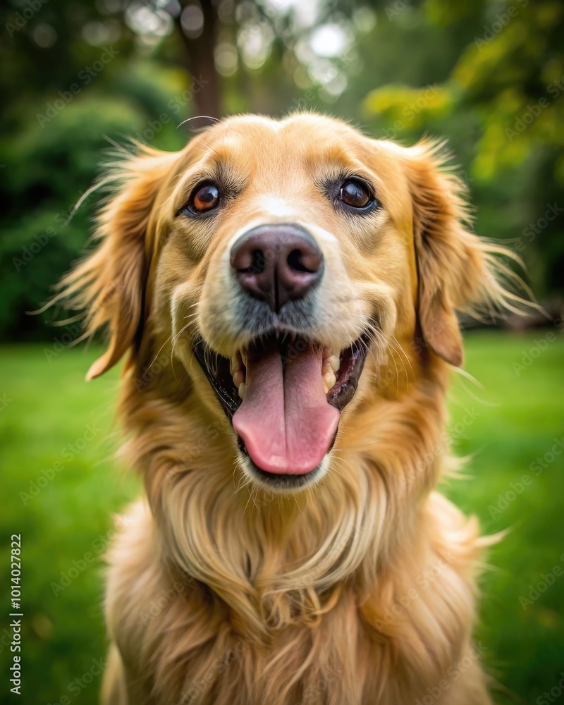 Happy golden retriever enjoying a sunny day in a lush green park. Generative AI Happy golden retriever enjoying a sunny day in a lush green park. Generative AI