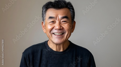 A warm portrait of a smiling, handsome senior male, showcasing his friendly demeanor and approachable personality photo