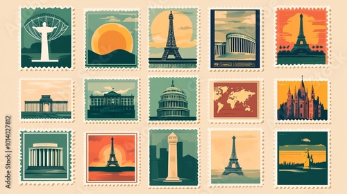 A collection of vintage travel postcard stamp illustrations. Retro-style international country landscapes as postage stickers, featuring famous landmarks 