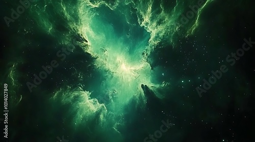 A mesmerizing green nebula with swirling clouds of gas and dust, illuminated by a bright star in the center.