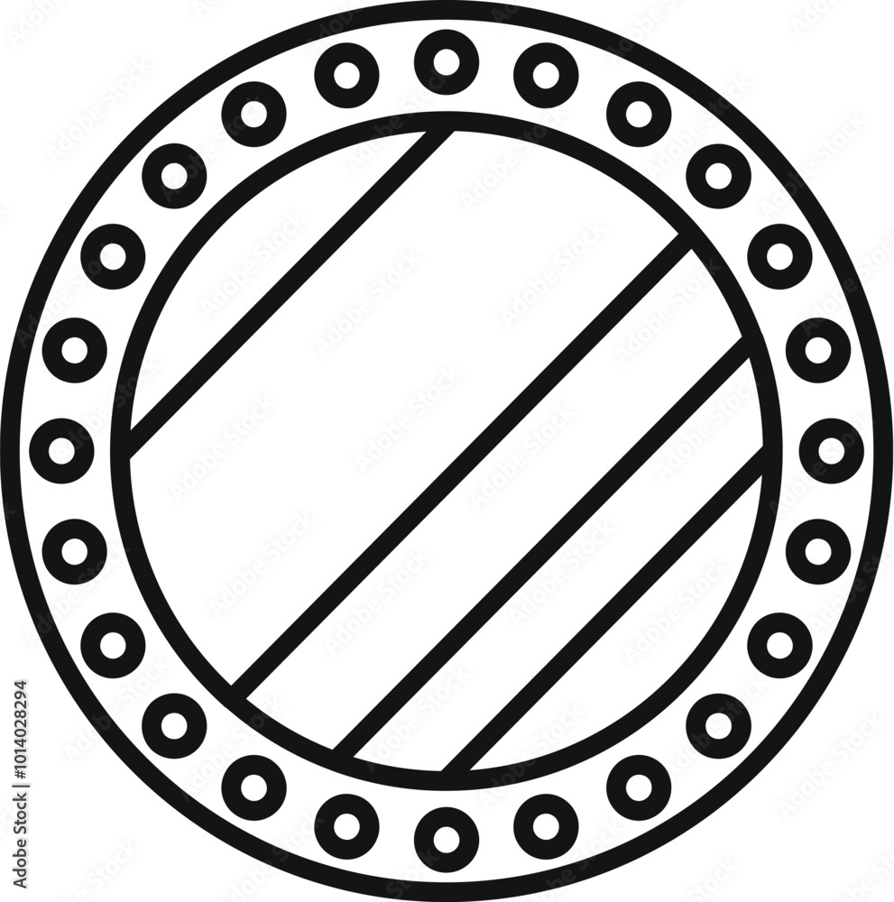 Round wooden shield with metal rivets protecting from danger icon in outline style isolated on white background Round wooden shield with metal rivets protecting from danger icon in outline style isolated on white background