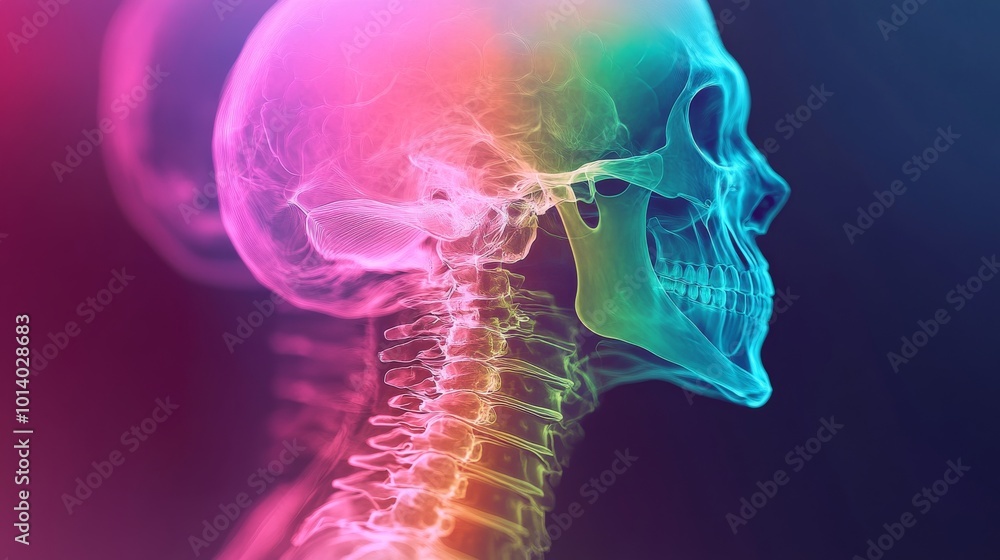 Colorful x-ray illustration of human skull in profile view, vibrant medical concept Colorful x-ray illustration of human skull in profile view, vibrant medical concept