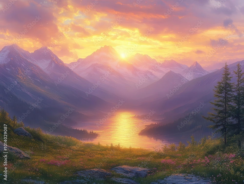 Obraz premium sunrise illuminating majestic mountains casting a golden hue over the landscape evoking feelings of hope and new beginnings in a tranquil breathtaking natural setting