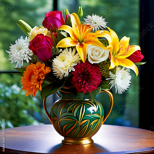Floral arrangement in a ceramic vase with handles