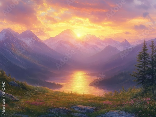 sunrise illuminating majestic mountains casting a golden hue over the landscape evoking feelings of hope and new beginnings in a tranquil breathtaking natural setting