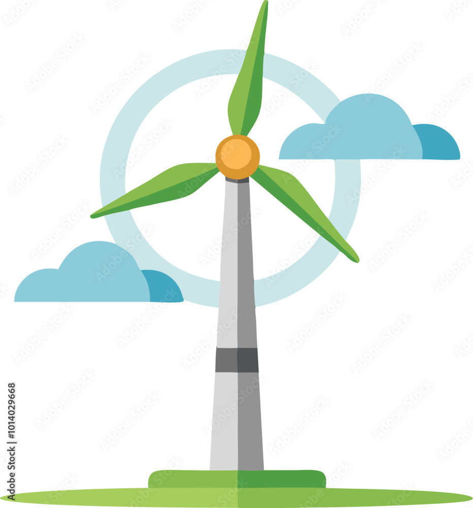 Green wind turbine symbolizing clean energy, illustrated in a cartoon style