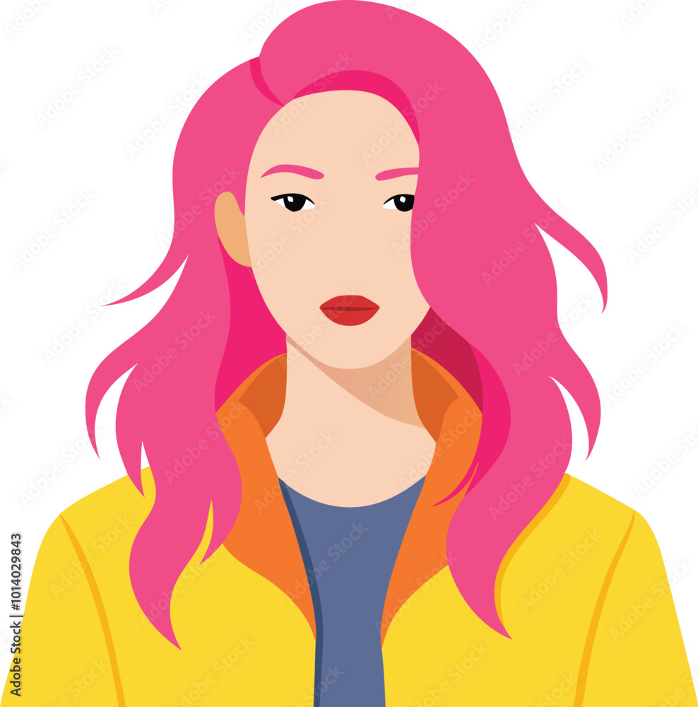 Woman with pink hair and a serious expression, illustrated in a modern cartoon style Woman with pink hair and a serious expression, illustrated in a modern cartoon style