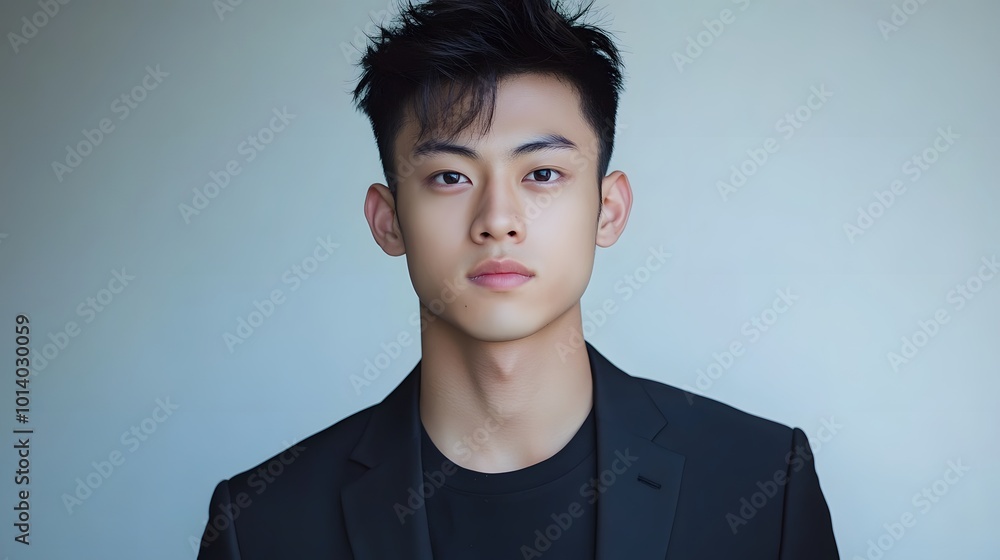 Portrait of a young handsome Asian man with a plain background, emphasizing his striking features and confident presence Portrait of a young handsome Asian man with a plain background, emphasizing his striking features and confident presence