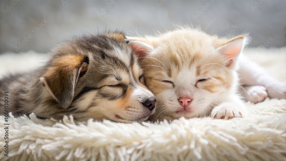Puppy and kitten napping nose to nose on a plush rug in a cozy indoor setting. Generative AI Puppy and kitten napping nose to nose on a plush rug in a cozy indoor setting. Generative AI