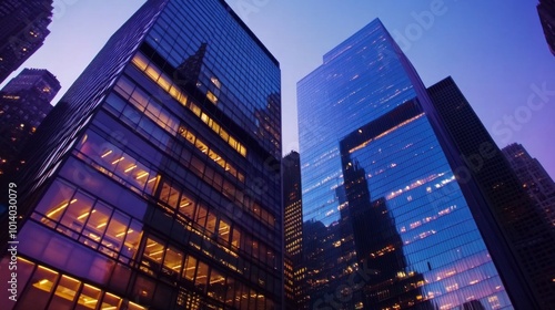 Wallpaper Mural Tall Buildings with Glass Facades Reflecting City Lights at Dusk in New York City, Showcasing Modern Architecture and Illuminated Office Spaces Against a Sunset Backdrop. Torontodigital.ca
