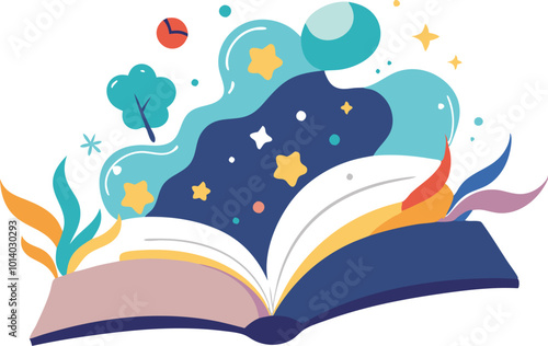 Open book with colorful magical elements flying out, illustrated in a whimsical cartoon style
