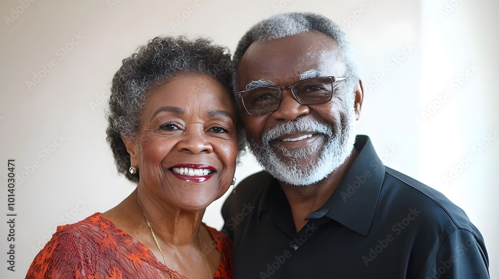 Portrait of an elderly African American couple smiling and showing love to each other Portrait of an elderly African American couple smiling and showing love to each other