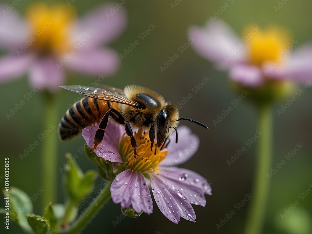 Bee perched on a flower, wings reflecting dew. Bee perched on a flower, wings reflecting dew.