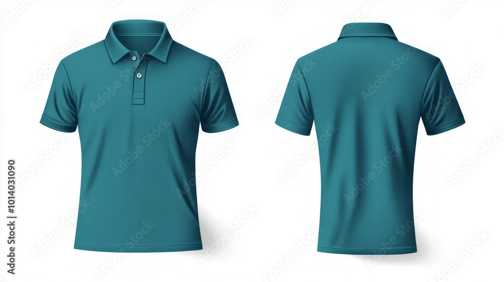 Teal polo shirt mockup, front and back views, isolated on white background. Teal polo shirt mockup, front and back views, isolated on white background.