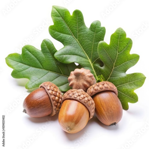 Shiny green oak leaves with acorns displayed beside an Arz standard scale. Generative AI