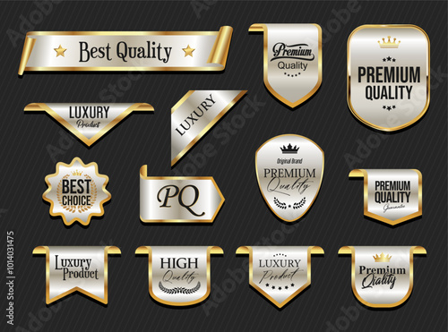 Golden luxury labels and badges premium quality certificate ribbons vector illustration 
