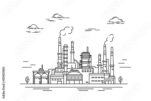 Oil refinery, factory, industrial plant, industrial landscape with clouds and trees. Contour drawing, line sketch on a white background.