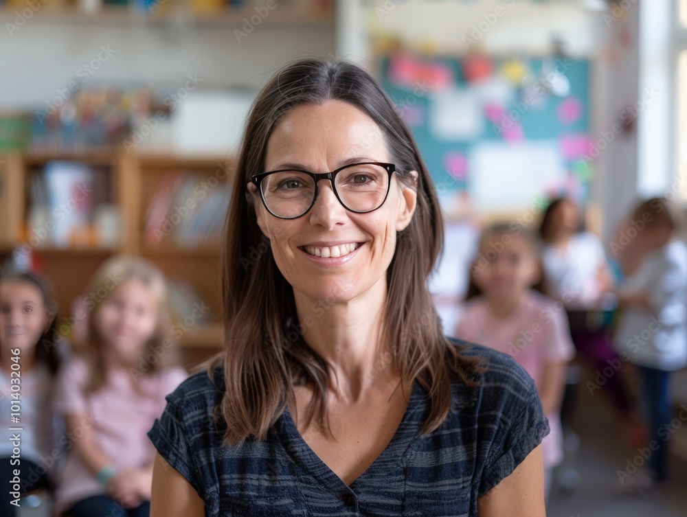 A woman with glasses is smiling and posing for a picture in a classroom, generative ai image A woman with glasses is smiling and posing for a picture in a classroom, generative ai image