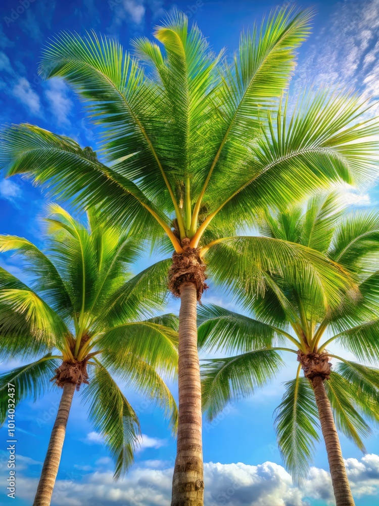 Three vibrant palm trees reaching towards a blue sky on a sunny day. Generative AI Three vibrant palm trees reaching towards a blue sky on a sunny day. Generative AI