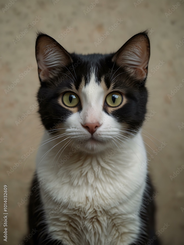 Black-and-white cat staring wide-eyed at the camera. Black-and-white cat staring wide-eyed at the camera.