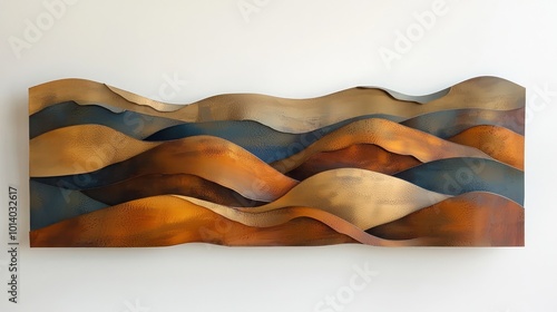 A striking abstract metal wall art piece, with layers of cut metal creating a 3D effect of rolling hills