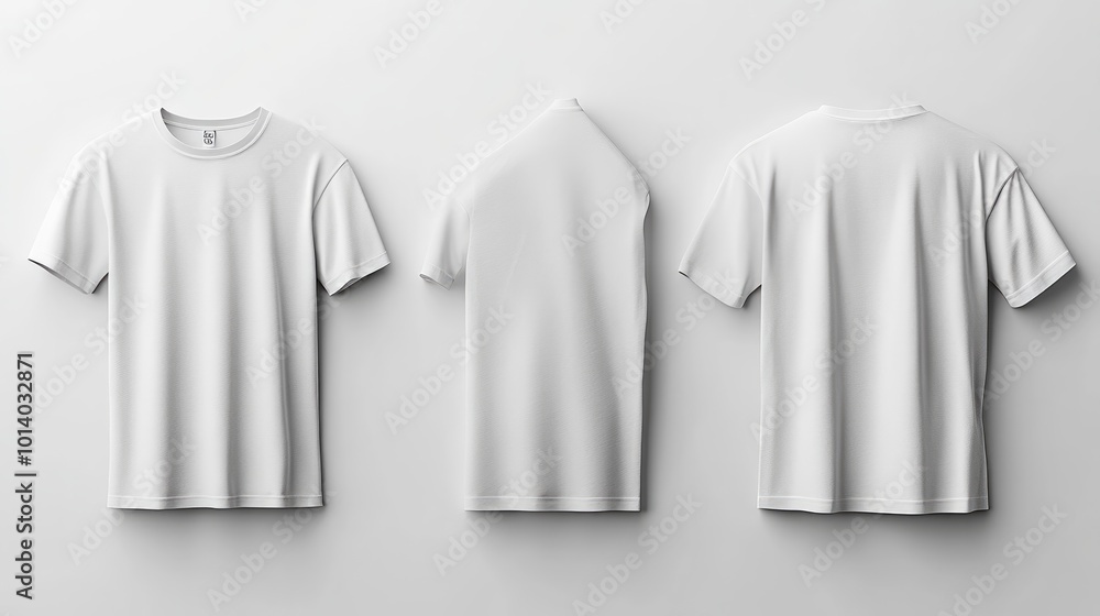 Three white t-shirts hanging on a white wall, viewed from the front, side, and back. Three white t-shirts hanging on a white wall, viewed from the front, side, and back.