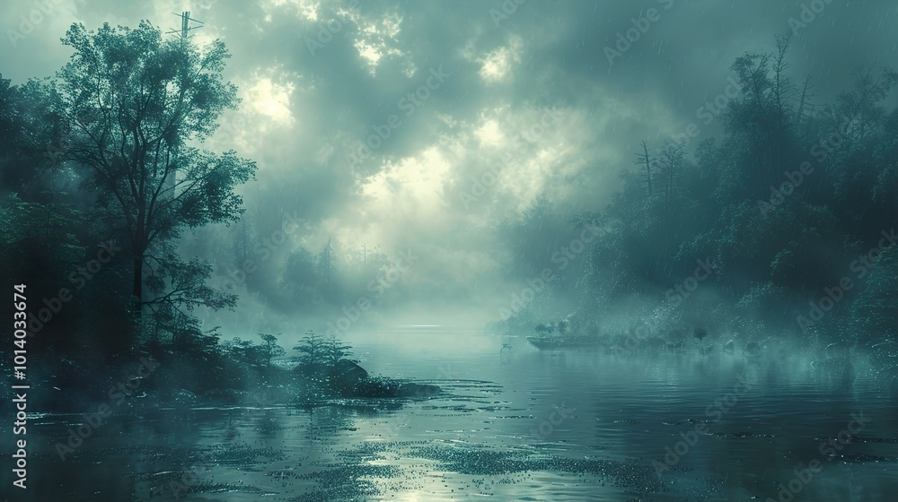 Misty River Landscape with Foggy Trees Misty River Landscape with Foggy Trees