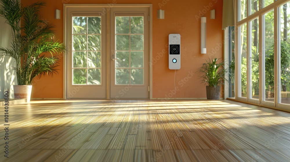 Obraz premium A zero-energy home interior with a smart thermostat, triple-pane windows, and floors made of bamboo