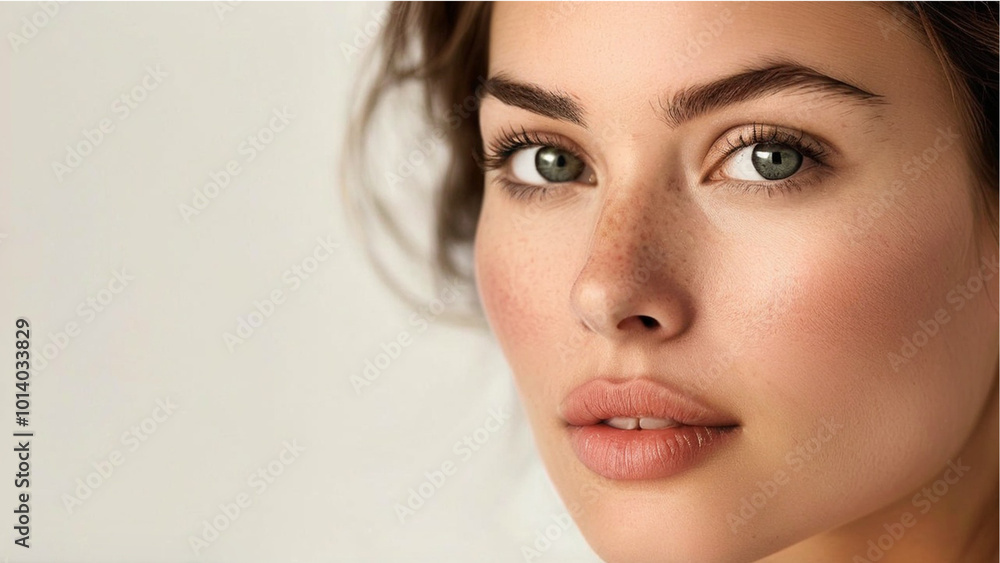 Close-up of a young woman with freckles on perfect skin, showing perfect lips and green and blue eyes Close-up of a young woman with freckles on perfect skin, showing perfect lips and green and blue eyes