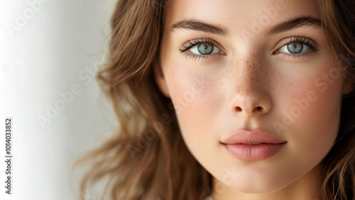 Close-up of a young woman with freckles on perfect skin, showing perfect lips and green and blue eyes