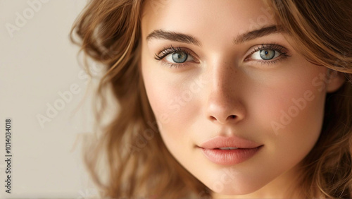 Close-up of a young woman with perfect skin, showing perfect lips and green and blue eyes