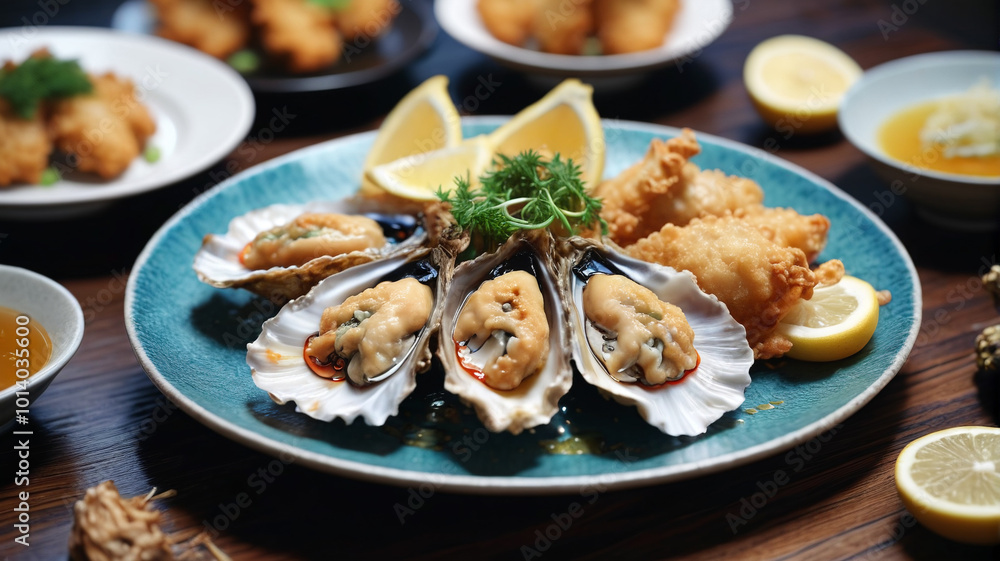 Tempura-battered oysters, crispy exterior, tender interior, Japanese-inspired, Generative AI Tempura-battered oysters, crispy exterior, tender interior, Japanese-inspired, Generative AI