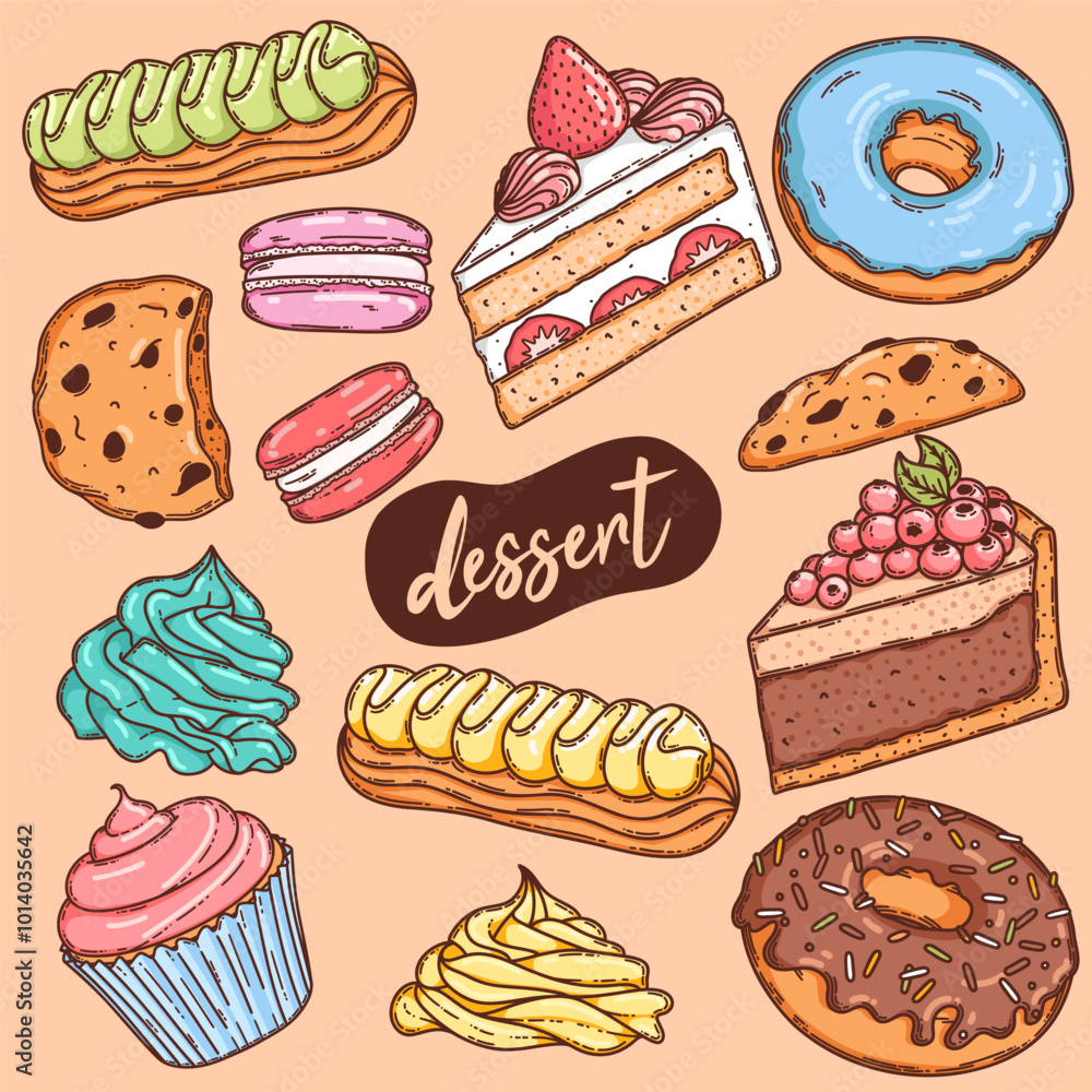 Donuts, cookies, eclair, cake cupcake and other confectionery collection. Hand drawn sweet pastry illustration Donuts, cookies, eclair, cake cupcake and other confectionery collection. Hand drawn sweet pastry illustration