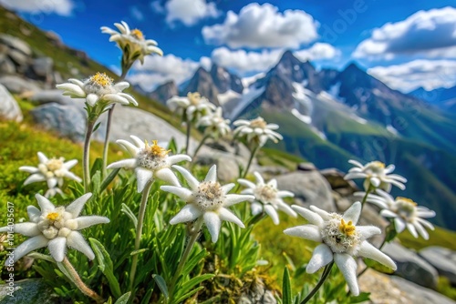 Very rare edelweiss mountain flower. Isolated rare and protected wild flower edelweiss flower (Leontopodium alpinum) growing in natural environment high up in the mountains