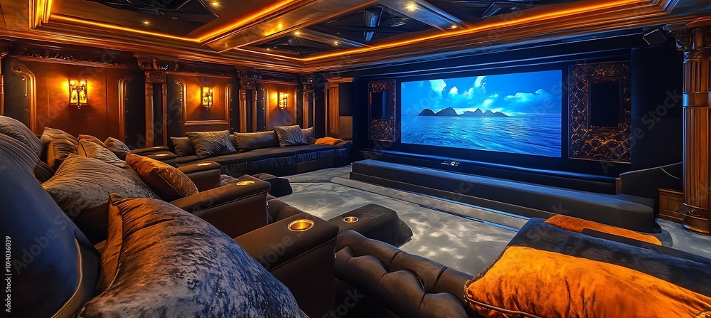 A high-end private home theater with plush seating, advanced sound systems, and a luxurious atmosphere A high-end private home theater with plush seating, advanced sound systems, and a luxurious atmosphere