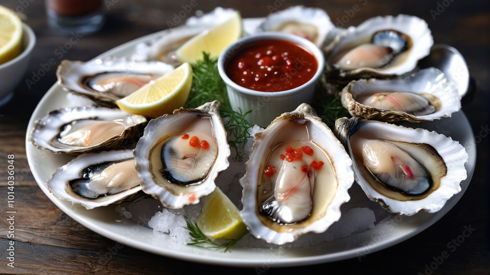 Raw oysters with mignonette sauce, tangy and refreshing, classic pairing, elegant presentation, Generative AI Raw oysters with mignonette sauce, tangy and refreshing, classic pairing, elegant presentation, Generative AI