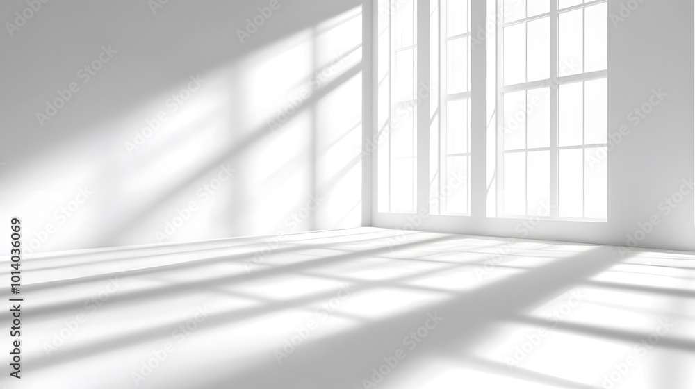 Fototapeta premium Realistic and minimalist blurred natural light with windows shadow overlay on wallpaper texture