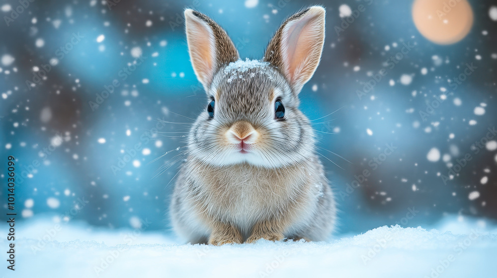 Adorable Light Grey Baby Bunny in Snowy Winter Wonderland Front View, Cute Pet Concept, Blue and White Background Adorable Light Grey Baby Bunny in Snowy Winter Wonderland Front View, Cute Pet Concept, Blue and White Background