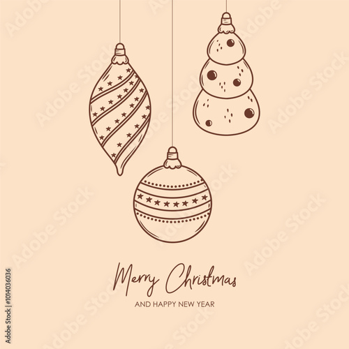 Merry Christmas and Happy New year retro banner template, greeting card. Vector background with christmas fir tree ball decorations. Ball, pine tree, icicle