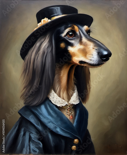 Victorian Oil Painting Of A Female Afghan Hound Dog