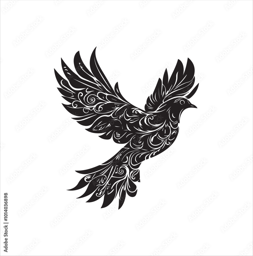 Fototapeta premium pigeon isolated on white background, bird, silhouette, eagle, vector, flying, animal, illustration, wing, nature, black, birds, dove, feather, wings, tattoo, fly, hawk, design,Art & Illustration