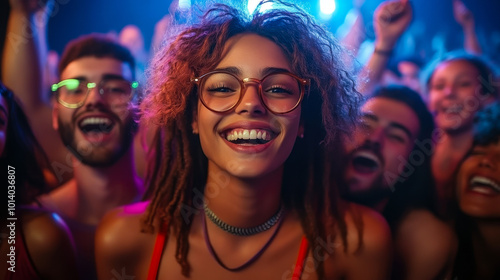 Excited Music Fans Singing and Dancing at Concert Front Row, Happy Youth, Live Event, Vibrant Party Atmosphere, Night Out Fun, Joyful Crowd Energy, Celebration with Friends