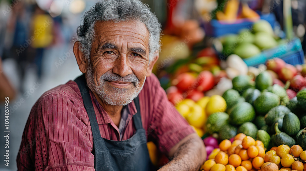 Hispanic street vendor displaying a vibrant array of fresh fruits in a bustling market during the afternoon Hispanic street vendor displaying a vibrant array of fresh fruits in a bustling market during the afternoon